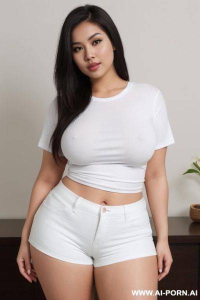 Very attractive curvy woman, body, white indonesian skin, wearing shorts and t-shirt, breasts protruding from t-shirt, full frontal view from head to knees, (head to knee view), standing confidently, direct eye contact with camera - ai-porn.ai - Indonesia on pornintellect.com