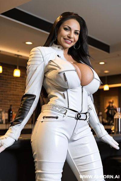 ((((latina milf)))) with (((((gigantic tits))))) and ((long hair)) (makeup) , ((tight white leather jacket)) (((tight white leather pants))) - ai-porn.ai on pornintellect.com