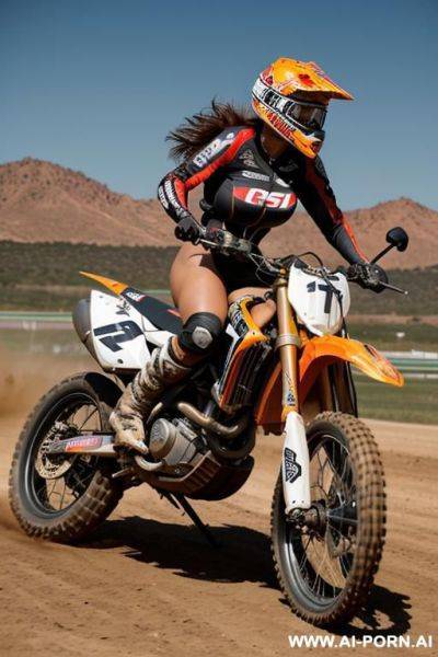 Naked female riding a motorbike, totally naked, nude female, pussy, saggy huge boobs - ai-porn.ai on pornintellect.com