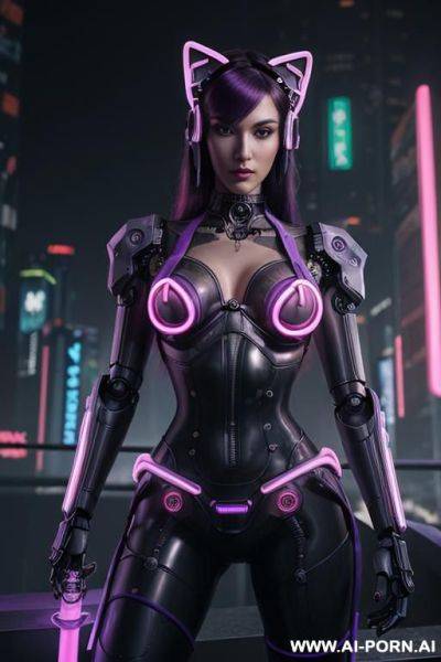 Beautiful realistic woman ((woman fully robotic mechanic body)), (((holding electric and luminous neon violet sword))), ultra detailed, finely detail, highly detailed face, highly detailed eyes, highly - ai-porn.ai on pornintellect.com