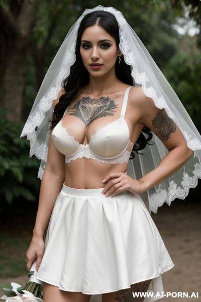 Latina, bra, short skirt, big ((fake)) tits, tattoos, veil, outdoor venue, bride, all white, - ai-porn.ai on pornintellect.com