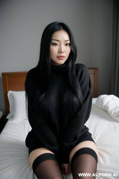 Beautiful naked asian woman in her 20s, with long black hair, wearing black knee-high socks and a black oversized sweatshirt, sitting on the bed, adjusting her hair, spreading her legs, large breasts, - ai-porn.ai on pornintellect.com