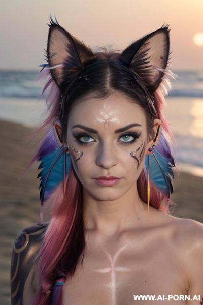 Face, ((sexy)), beautiful, ((face painting)), ((tattoo roses)), ((eyes shw)), ((night)), ((angel wings)), ((rainbow hair)), ((one rose in hair) ((long bu hair)), ((wind)), (( cat face)), (( cat ears)), - ai-porn.ai on pornintellect.com