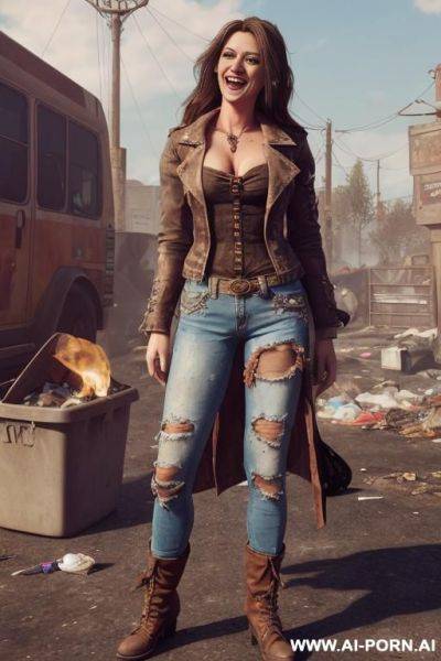 A woman with brown hair is wearing worn and bleached out, ripped and light blue pants and an old jeans jacket. she has long, messy brown hair. there ist lot of trash around. she looks punky - ai-porn.ai on pornintellect.com