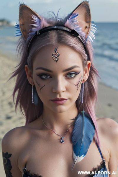 Face, ((sexy)), beautiful, ((face painting)), ((bikini as seashell)), ((tattoo roses)), ((eyes shw)), ((night)), ((angel wings)), ((rainbow hair)), ((one rose in hair) ((long bu hair)), ((wind)), (( cat - ai-porn.ai on pornintellect.com