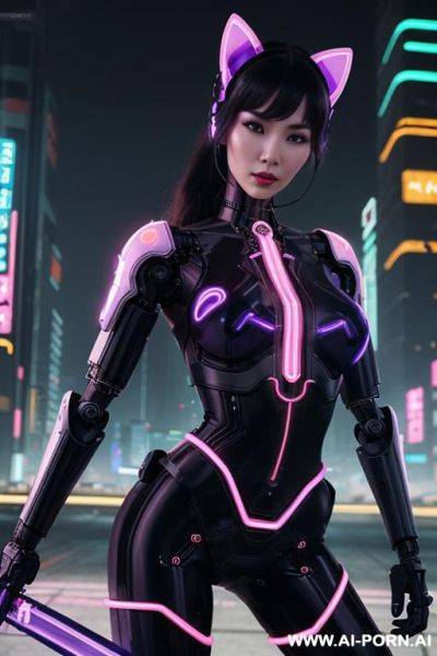 Beautiful realistic woman ((woman fully robotic mechanic body)), (((holding electric and luminous neon violet sword))), ultra detailed, finely detail, highly detailed face, highly detailed eyes, highly - ai-porn.ai on pornintellect.com