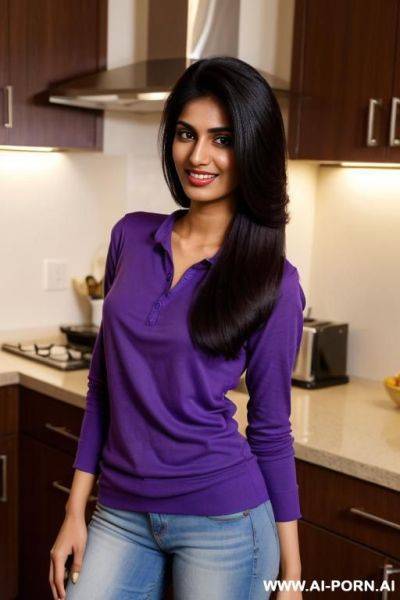 Punjabi supermodel, ((perky breasts)), (perfect boobs) , luxurious modern mansion, purple crew neck shirt - ai-porn.ai on pornintellect.com