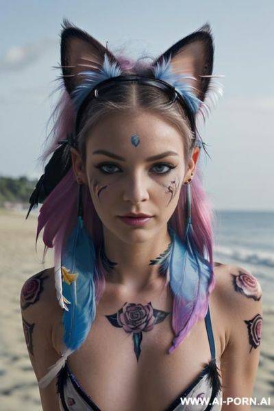 Face, ((sexy)), beautiful, ((face painting)), ((bikini as seashell)), ((tattoo roses)), ((night)), ((eyes shw)), ((angel wings)), ((rainbow hair)), ((one rose in hair) ((long bu hair)), ((wind)), (( cat - ai-porn.ai on pornintellect.com