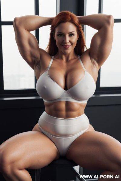Full body view from above, stunningly beautiful, tight white shirt, long grey fluffy skirt, (((fat muscled arms))), long hair, (narrow waist), (narrow hips), firm thighs, (huge round boobs), (((thick biceps))), (full shiny lips), ((abs)) (((arms up))) - ai-porn.ai on pornintellect.com