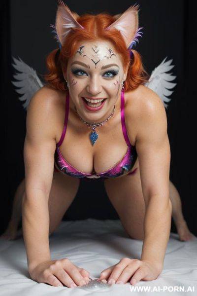 Face, sexy, beautiful, ((face painting)), ((body painting)), ((bikini as seashell)), ((roses)), ((eyes shw)), ((angel wings)), ((rainbow hair)), ((glitter)), ((long bu hair)), ((heterochromia eyes)), ((wind)), - ai-porn.ai on pornintellect.com