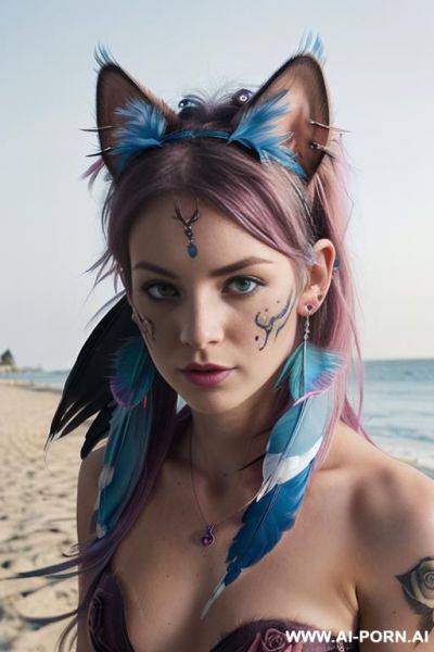 Face, ((sexy)), beautiful, ((face painting)), ((bikini as seashell)), ((tattoo roses)), ((eyes shw)), ((night)), ((angel wings)), ((rainbow hair)), ((one rose in hair) ((long bu hair)), ((wind)), (( cat - ai-porn.ai on pornintellect.com