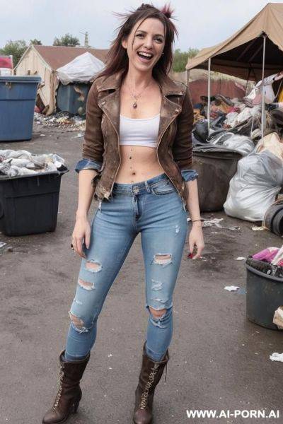 A woman with brown hair is wearing worn and bleached out, ripped and light blue pants and an old jeans jacket. she has long, messy brown hair. there ist lot of trash around. she looks punky - ai-porn.ai on pornintellect.com