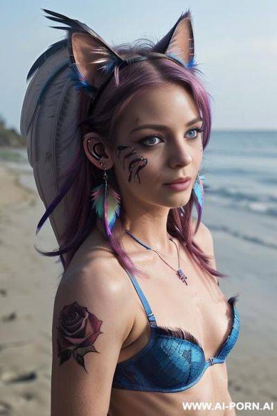 Face, ((sexy)), beautiful, ((face painting)), ((bikini as seashell)), ((tattoo roses)), ((night)), ((eyes shw)), ((angel wings)), ((rainbow hair)), ((one rose in hair) ((long bu hair)), ((wind)), (( cat - ai-porn.ai on pornintellect.com