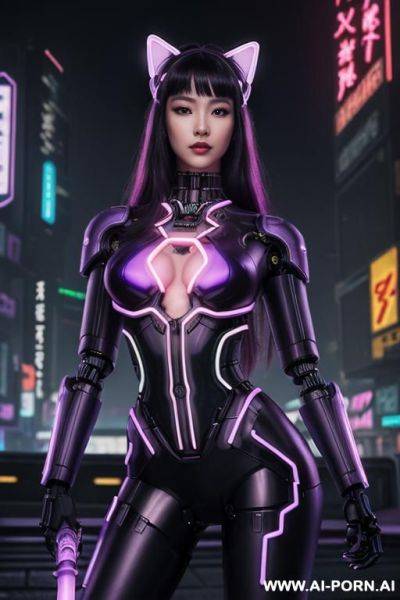 Beautiful realistic woman ((woman fully robotic mechanic body)), (((holding electric and luminous neon violet sword))), ultra detailed, finely detail, highly detailed face, highly detailed eyes, highly - ai-porn.ai on pornintellect.com