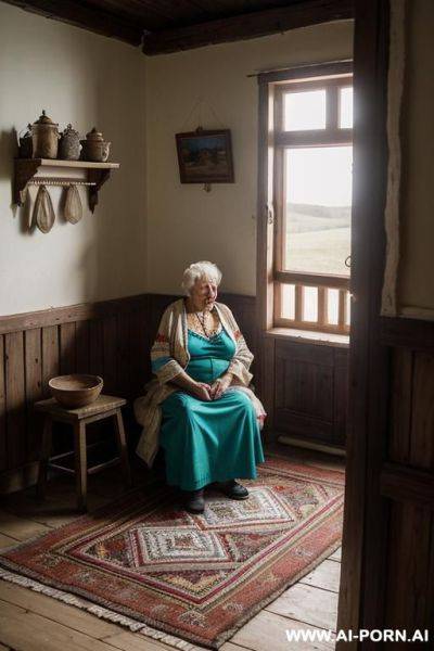 An elderly ukrainian woman from a remote village in the sumy region is getting ready for bed in a modest rural home. it is evening, and the soft glow from a single light source gently - ai-porn.ai - Ukraine on pornintellect.com