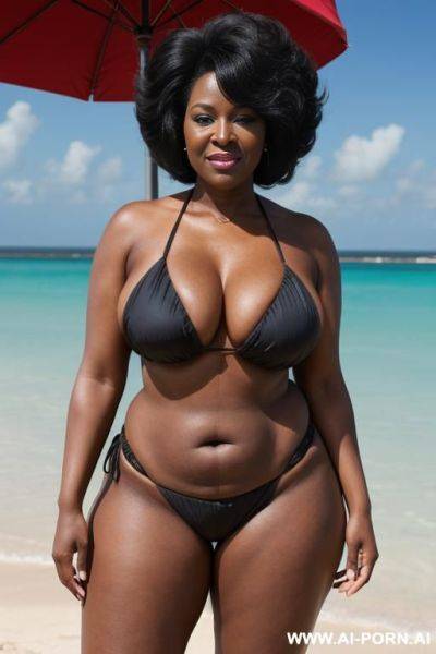 Ebony granny, dressed in a bikini, standing in front, on a beach full of people, curvy, body, gray hair, bottomheavy, big, ass, huge, gigantic, thick, thighs, massive, , dggy, woman, pov, penis, - ai-porn.ai on pornintellect.com