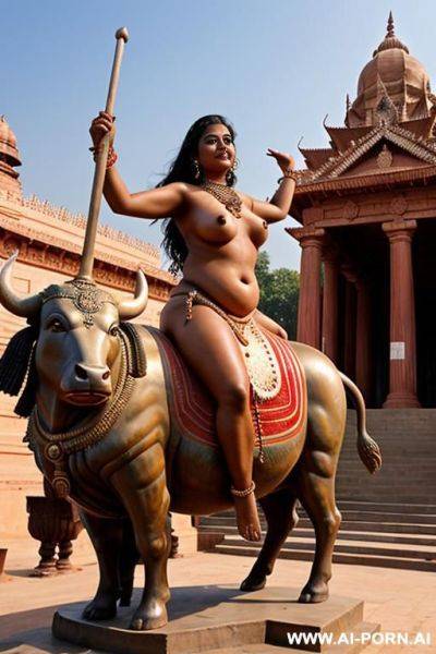 A full naked indian chubby female temple servant with shaved vagina is riding on a big statue of a bull - ai-porn.ai - India on pornintellect.com
