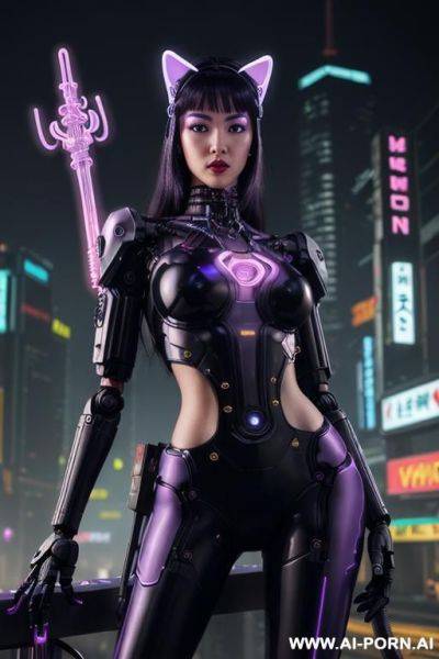 Beautiful realistic woman ((woman fully robotic mechanic body)), (((holding electric and luminous neon violet spear))), ultra detailed, finely detail, highly detailed face, highly detailed eyes, highly - ai-porn.ai on pornintellect.com