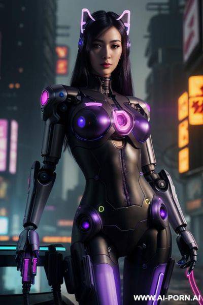 Beautiful realistic woman ((woman fully robotic mechanic body)), (((holding electric and luminous neon violet auto-rifle))), ultra detailed, finely detail, highly detailed face, highly detailed eyes, - ai-porn.ai on pornintellect.com