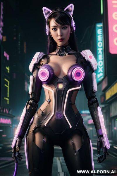 Beautiful realistic woman ((woman fully robotic mechanic body)), (((holding electric and luminous neon violet assault rifle))), ultra detailed, finely detail, highly detailed face, highly detailed eyes, - ai-porn.ai on pornintellect.com