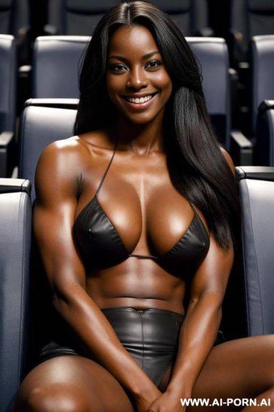 Muscular, dark skinned, massive breasts, long hair, smiling, sitting the movie theater, topless - ai-porn.ai on pornintellect.com