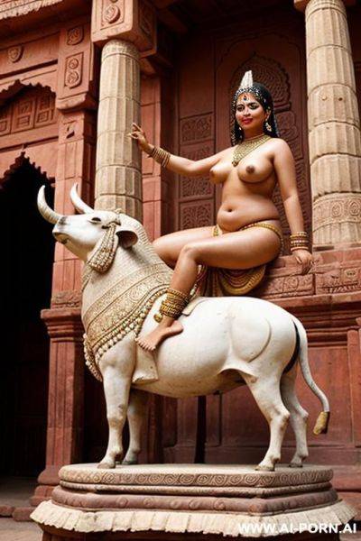 Ancient indian full naked chubby female with shaved vagina is riding on a statue of a bull - ai-porn.ai - India on pornintellect.com