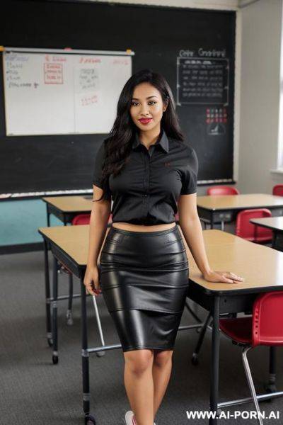 Tight black leather pencil skirt, fishnet black pantyhose, red cotton shirt, black converse sneakers - ai-porn.ai on pornintellect.com