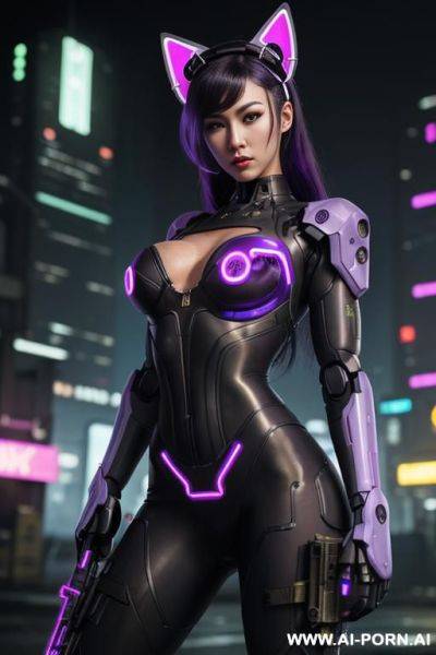 Beautiful realistic woman ((woman fully robotic mechanic body)), (((holding electric and luminous neon violet assault rifle))), ultra detailed, finely detail, highly detailed face, highly detailed eyes, - ai-porn.ai on pornintellect.com