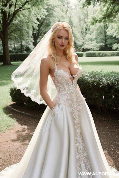 Scandinavian 20 year old woman, (((enormous perfect tits))), ((((white dress)))), best bright blue eyes; eye contact; gorgeous super model face; long lean legs; seductive smirk - ai-porn.ai on pornintellect.com