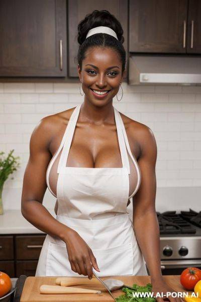 Looking at the camera, 20 year old, tall, curvy, dark skinned, toned arm muscles, smiling, wearing a sleeveless apron, making dinner - ai-porn.ai on pornintellect.com