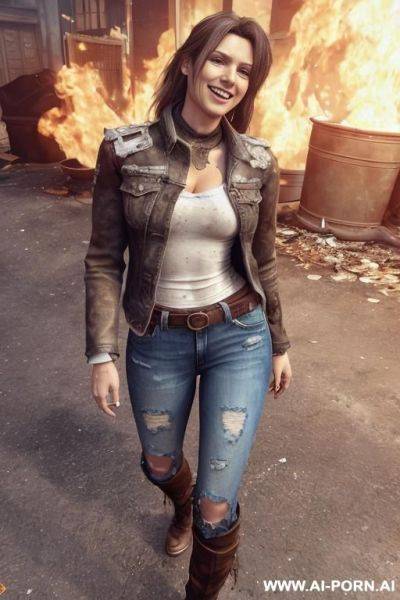 A woman with brown hair is wearing worn and bleached out, ripped and light blue pants and an old jeans jacket. she has long, messy brown hair. there ist lot of trash around. she looks punky - ai-porn.ai on pornintellect.com