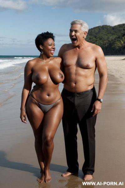 Ebony woman, dressed in a bikini, standing in front, on a beach, (((standing with her husband))), curvy, body, gray hair, bottomheavy, big, ass, massive, woman, pov, (((topless))), embarressed - ai-porn.ai on pornintellect.com