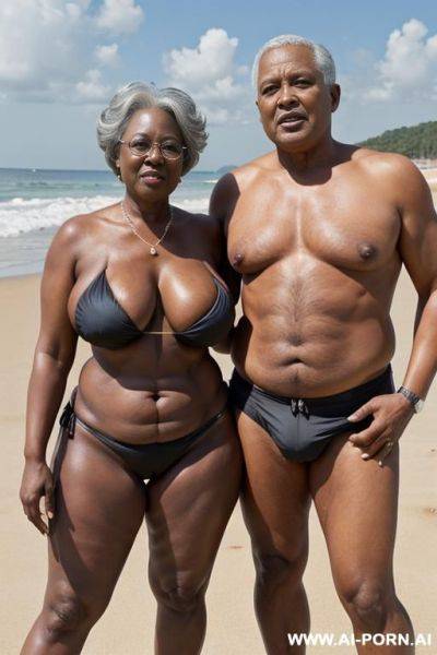 Ebony granny, dressed in a bikini, standing in front, on a beach, (((standing with her husband))), curvy, body, gray hair, bottomheavy, big, ass, huge, gigantic, thick, thighs, massive, woman, pov, (((topless))) - ai-porn.ai on pornintellect.com
