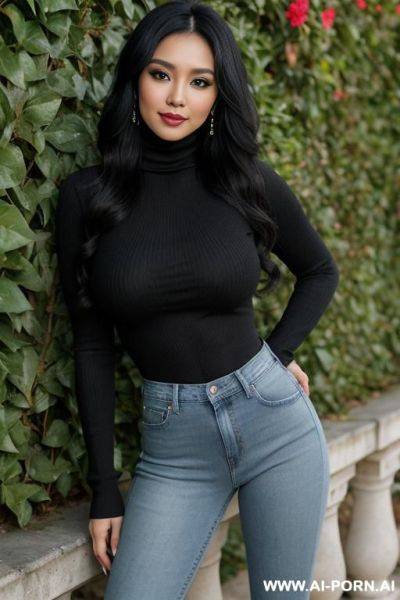 Pretty, philippina, 30, wavy black hair, saggy boobs, slight smile, makeup, blusher, standing, spreading legs, turtleneck, jeans, walled garden background. - ai-porn.ai on pornintellect.com