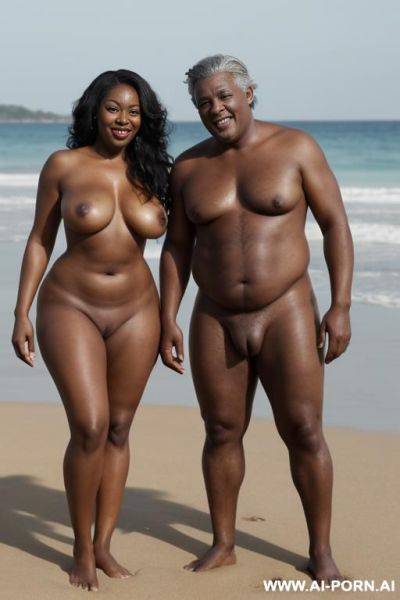 Ebony woman, (((totally naked))), (((topless))), standing in front, on a beach, (((standing with her husband))), curvy, body, gray hair, bottomheavy, big, ass, massive, woman, pov, embarressed - ai-porn.ai on pornintellect.com