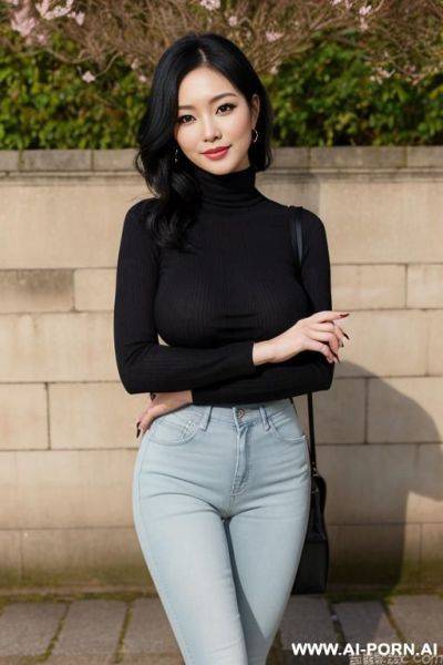 Pretty, japanese, 30, wavy black hair, saggy boobs, slight smile, makeup, blusher, standing, spreading legs, cream turtleneck, jeans, walled garden background. - ai-porn.ai - Japan on pornintellect.com