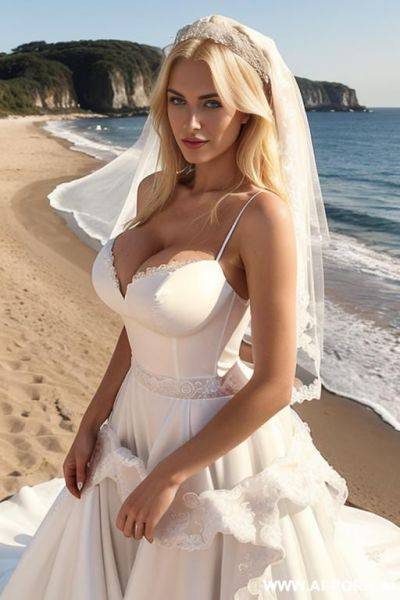 Scandinavian 20 year old woman, (((enormous perfect tits))), ((((white dress)))), best bright blue eyes; eye contact; gorgeous super model face; long lean legs; seductive smirk - ai-porn.ai on pornintellect.com