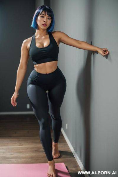 Thai female , 20s, straight black hair, tone body, hourglass shape, huge breast, extra large hard nipples, firm bubble butt, green eye, red lips, wearing white leggings with camel toe and light blue tanktop - ai-porn.ai - Thailand on pornintellect.com