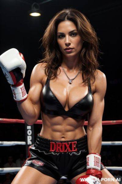 A woman in her 20s or 30s with long, straight, dark brown hair parted down the middle is seated in a boxing ring, looking directly at the viewer. she has a tan complexion and appears to - ai-porn.ai on pornintellect.com