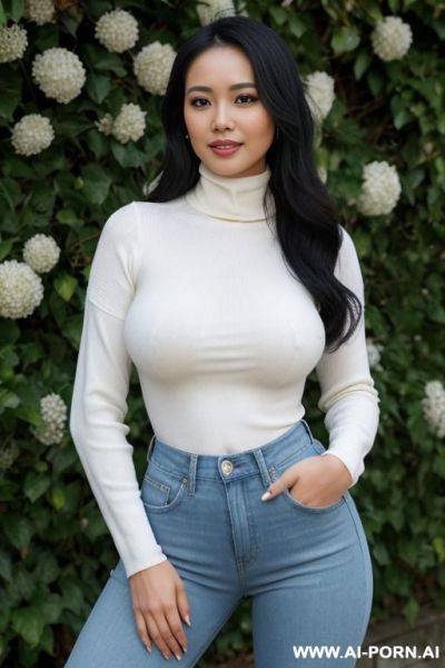 Pretty, philippina, 30, wavy black hair, natural boobs, slight smile, makeup, blusher, standing, spreading legs, white turtleneck, blue jeans, walled garden background. - ai-porn.ai on pornintellect.com