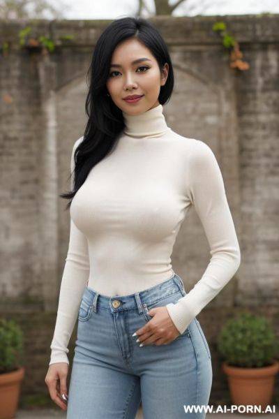 Pretty, philippina, 30, messy black hair, natural boobs, slight smile, makeup, blusher, standing, spreading legs, white turtleneck, jeans, walled garden background. - ai-porn.ai on pornintellect.com