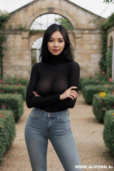 Pretty, philippina, caucasian, 30, messy black hair, natural boobs, slight smile, makeup, blusher, standing, spreading legs, turtleneck, jeans, walled garden background. - ai-porn.ai on pornintellect.com