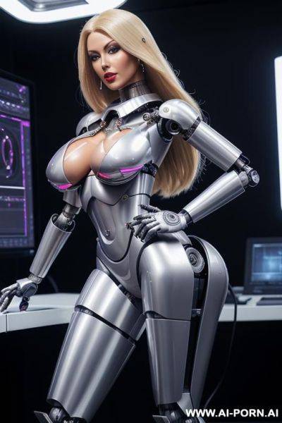Sexbot, front view, full body view, standing upright, hands on spaceship control desk, looking at viewer, beautiful seductive human face with tanned silicone skin, long straight blonde hair, big - ai-porn.ai on pornintellect.com