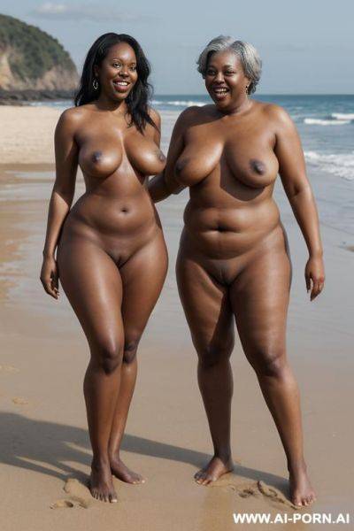 Ebony woman, (((totally naked))), (((topless))), standing in front, on a beach, (((standing with her husband))), curvy, body, gray hair, bottomheavy, big, ass, massive, woman, pov, embarressed - ai-porn.ai on pornintellect.com