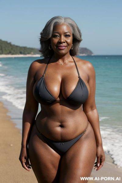 Ebony granny, dressed in a bikini, (((standing in front with husband))), on a beach full of people, curvy, body, gray hair, bottomheavy, big, ass, huge, gigantic, thick, thighs, massive, , dggy, woman, pov - ai-porn.ai on pornintellect.com