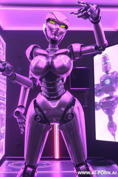 Sexbot, front view, full body view, standing upright, hands on spaceship control desk, looking at viewer, beautiful seductive human face with tanned silicone skin, long straight blonde hair, big - ai-porn.ai on pornintellect.com