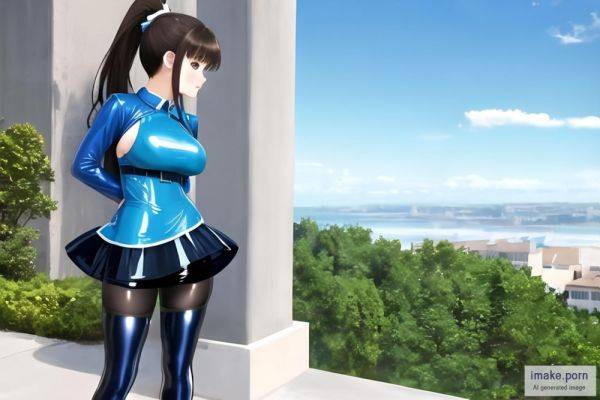 Blue tights latex dress , ponytail hair brunette, fake big... - imake.porn on pornintellect.com