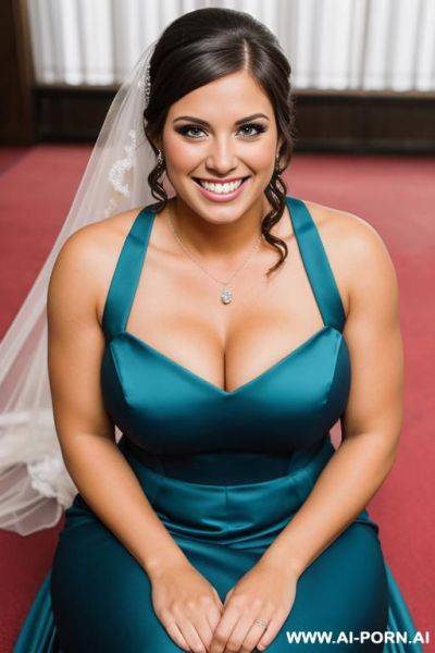 Softball athlete, massive breasts, smiling, sitting at a wedding reception, wearing a bridesmaid dress - ai-porn.ai on pornintellect.com