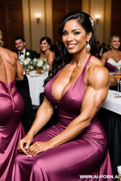 Athletic bodybuilder, massive breasts, smiling, sitting at a wedding reception, wearing a bridesmaid dress - ai-porn.ai on pornintellect.com