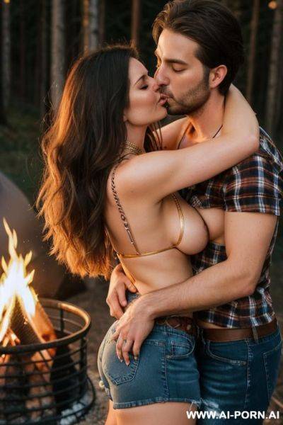 Another man is hugging and kissing her. campfire. plaid shirt. tight jeans shorts. hairy pussy. large teardrop saggy breasts. make up. getting into sleeping bag. another man is hugging and kissing her - ai-porn.ai on pornintellect.com